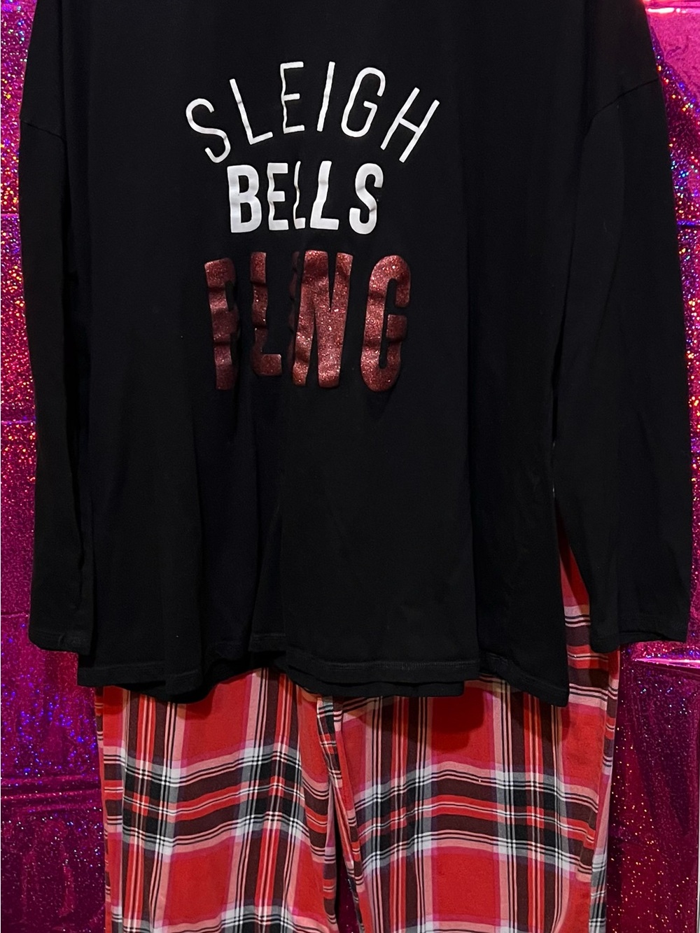 Cacique Black Graphic Top with Red Plaid Pajama Pants